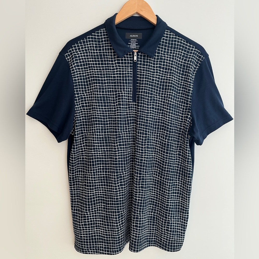 ALFANI Polo Shirt Short Sleeve Quarter Zip Wavy Check Pattern Office Casual